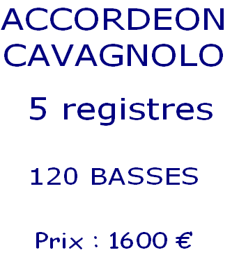 ACCORDEON
CAVAGNOLO

 5 registres

120 BASSES

Prix : 1600 €  